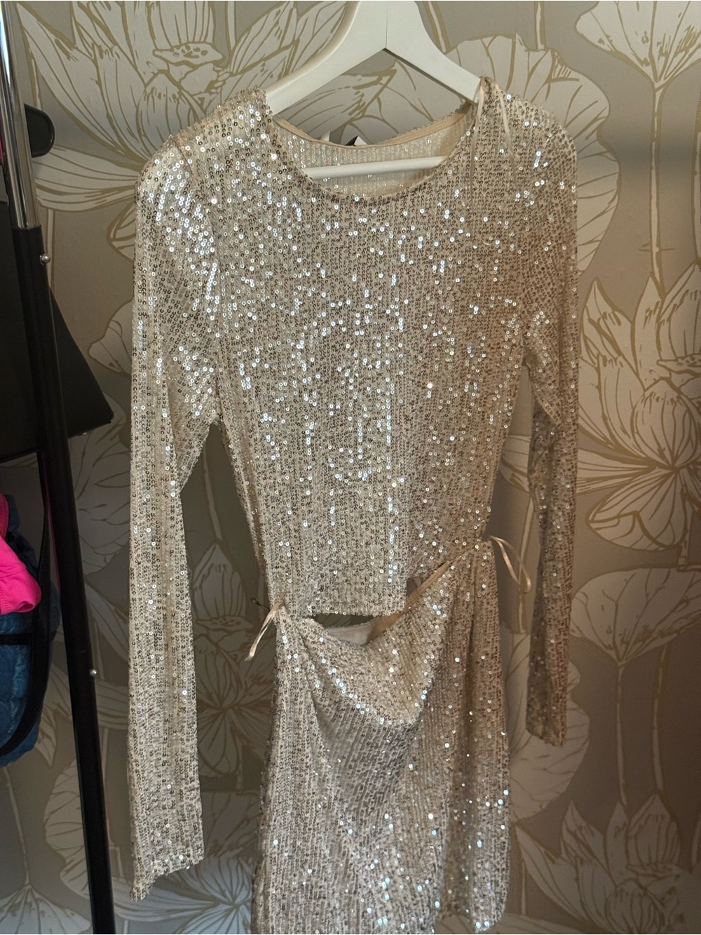 Fashion Nova Champagne Sequin Long-Sleeve Cutout Dress